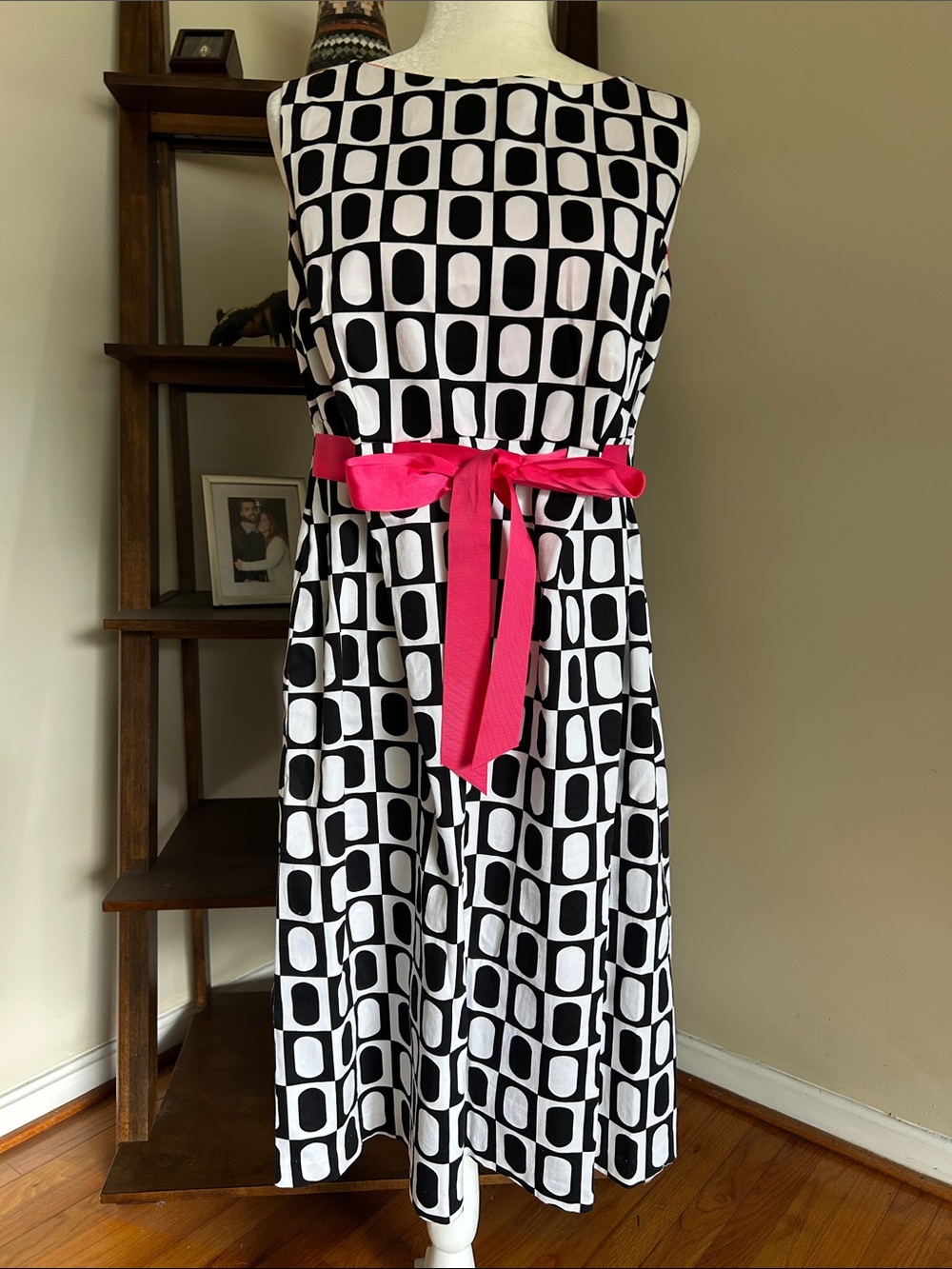Jessica Howard Black & White Geometric Midi Dress with Pink Sash